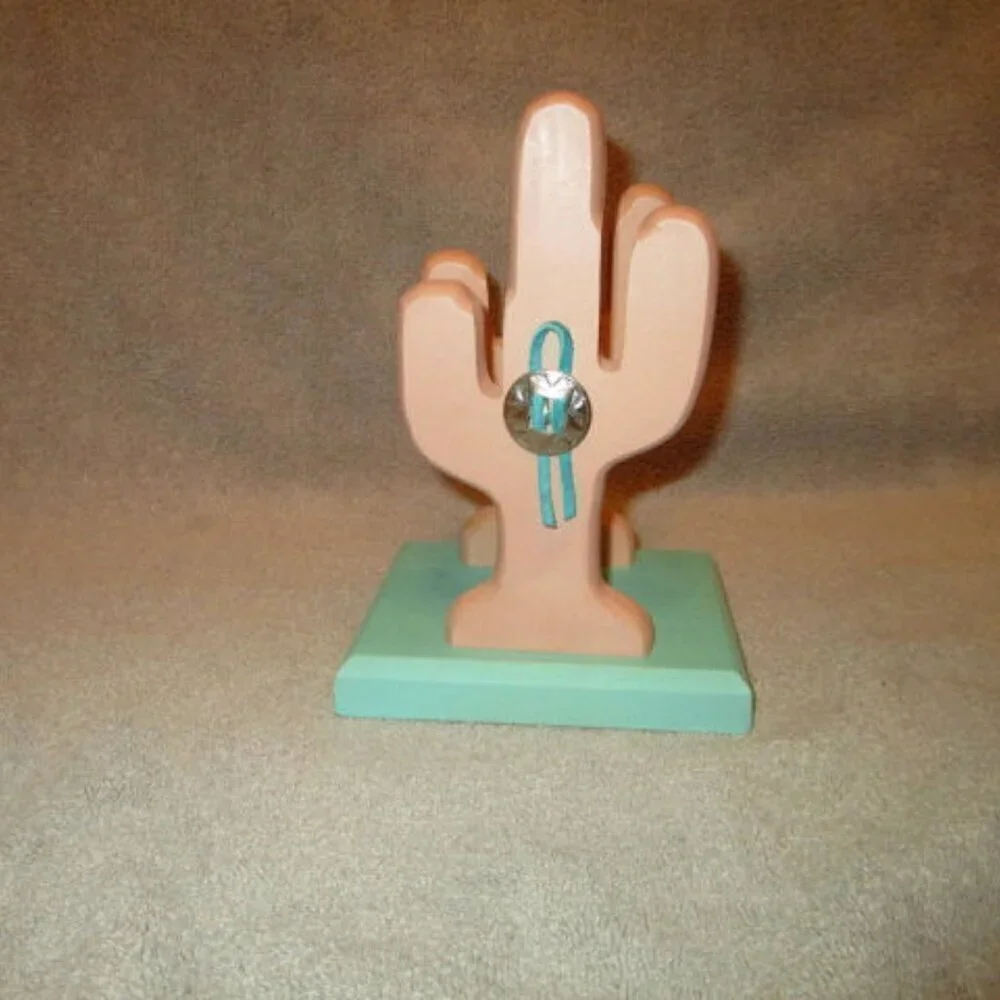 Vtg Hand Carved Wood Napkin Holder Saguaro Cactus Rawhide Conchos Southwestern